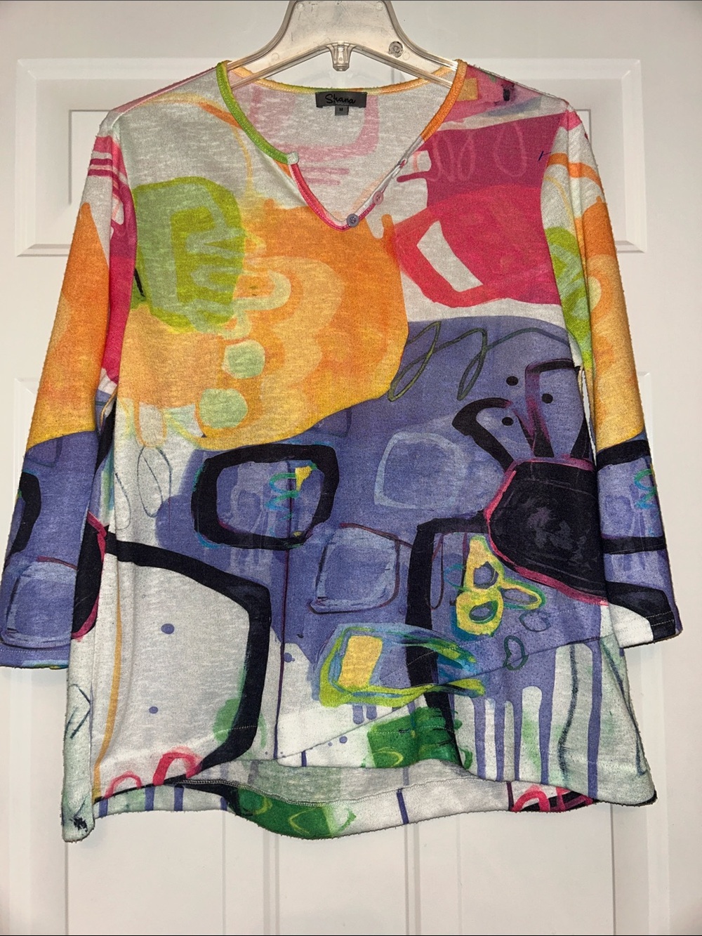 Shana Abstract Print V-Neck Women’s Top M Colorful Wearable Art